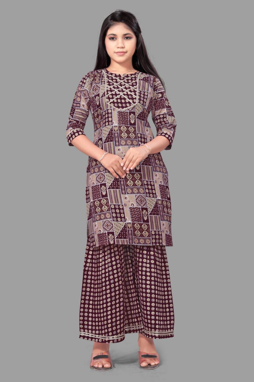 Sufiya Creaction Premium Maroon Cotton Blend Kids Girl Kurti & Sharara set Stylish Ethnic Wear for & Girls" Dress