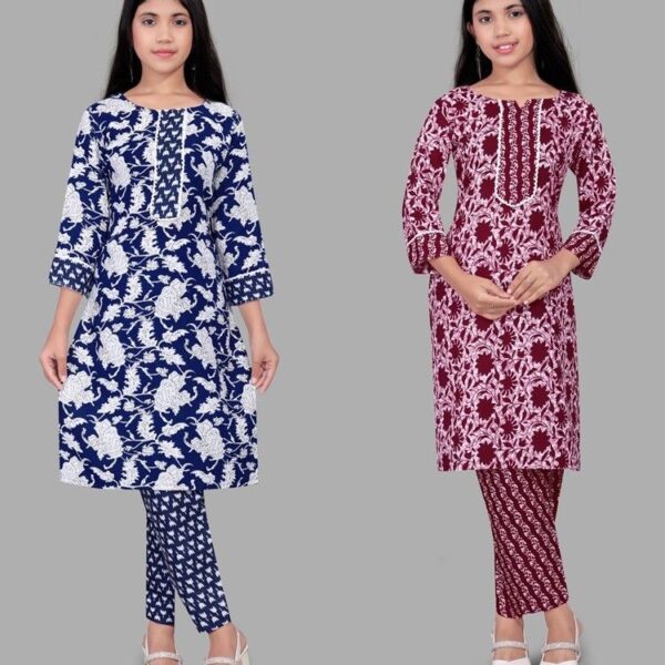 Sufiya Creaction  Girls Combo of 2 Cotton Printed Kurti with Pant Set – Stylish Round Neck, 3/4th Sleeve, Comfortable and Trendy, Blue and Maroon Color, Perfect for Casual and Party Wear kurti