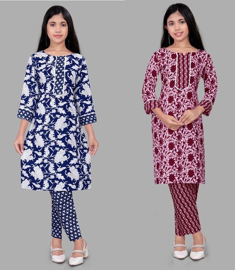 Sufiya Creaction  Girls Combo of 2 Cotton Printed Kurti with Pant Set – Stylish Round Neck, 3/4th Sleeve, Comfortable and Trendy, Blue and Maroon Color, Perfect for Casual and Party Wear kurti