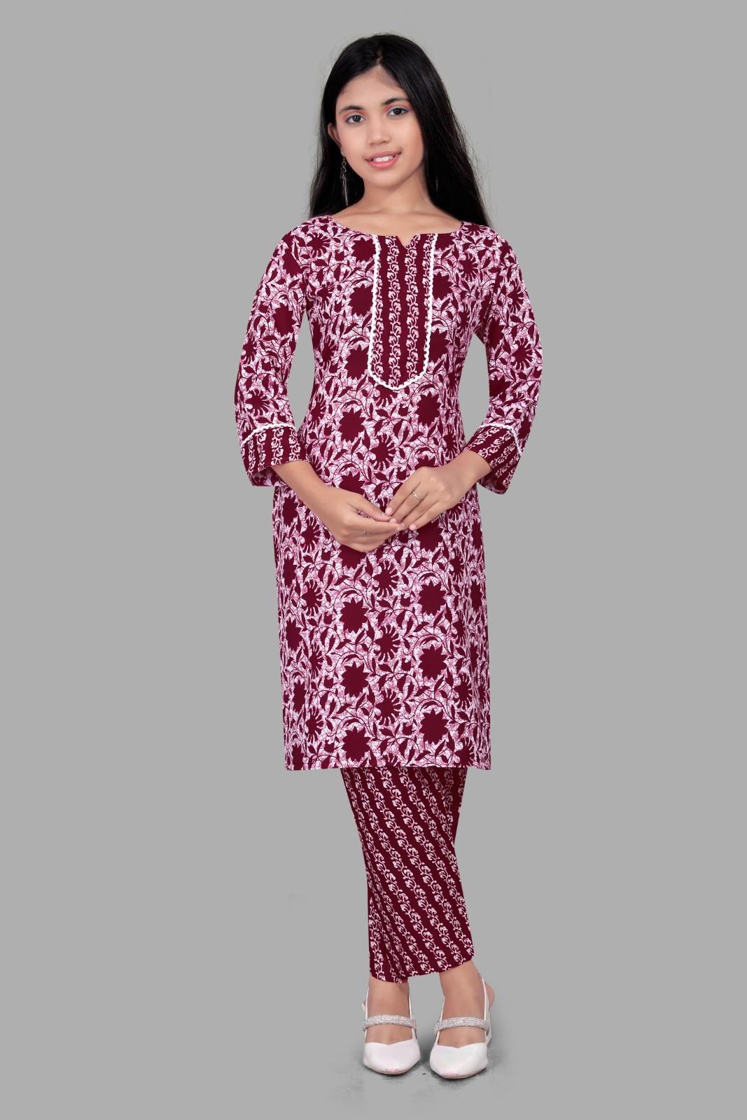 Sufiya Creaction Fashion Designer Cotton Floral Printed Kurti and Pant Dupatta Set for Beautiful and Smart Girls Ladies New Stylish Cotton Straight Kurta Pant Suit Set Maroon Dress